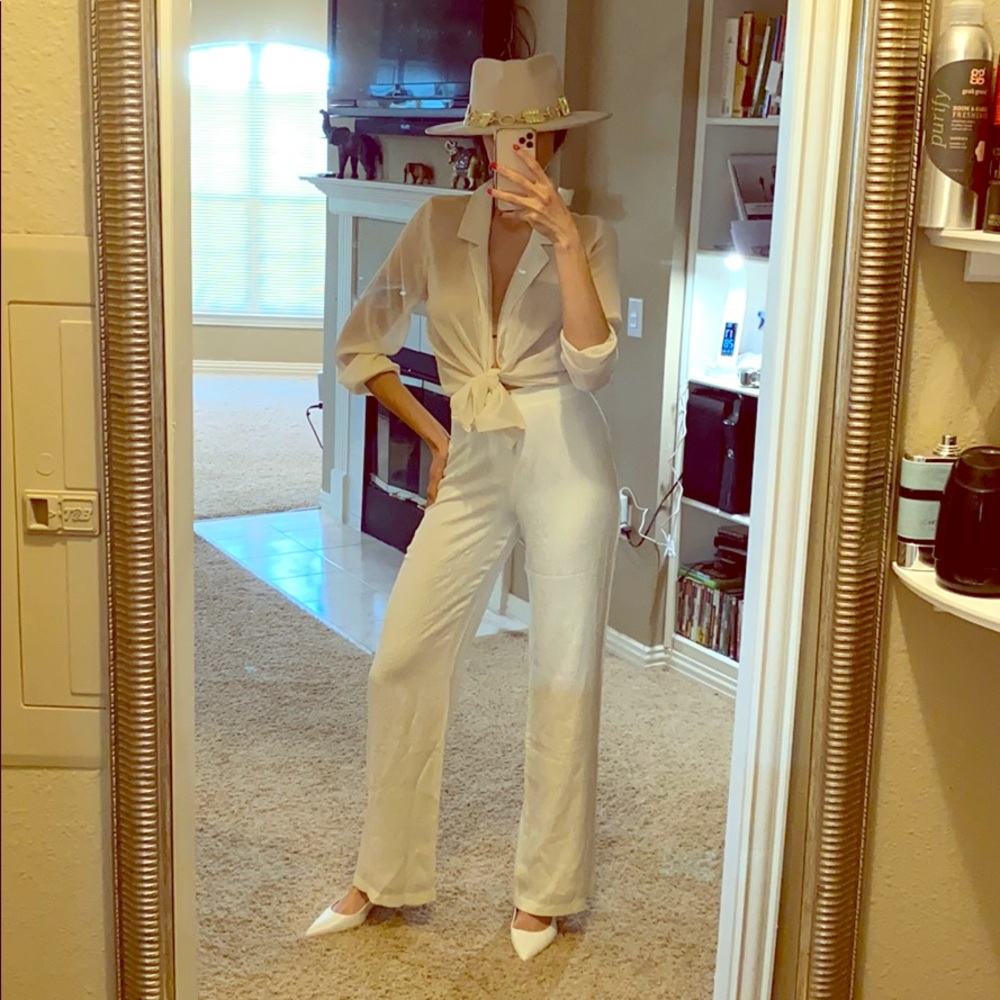 Chiffon Blouse $50, Satin wide legs pants $140